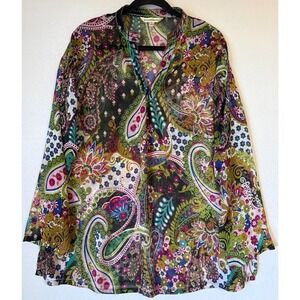 TravelSmith Blouse Women XL Multicolor Sheer Paisley Floral Boho Lightweight Top